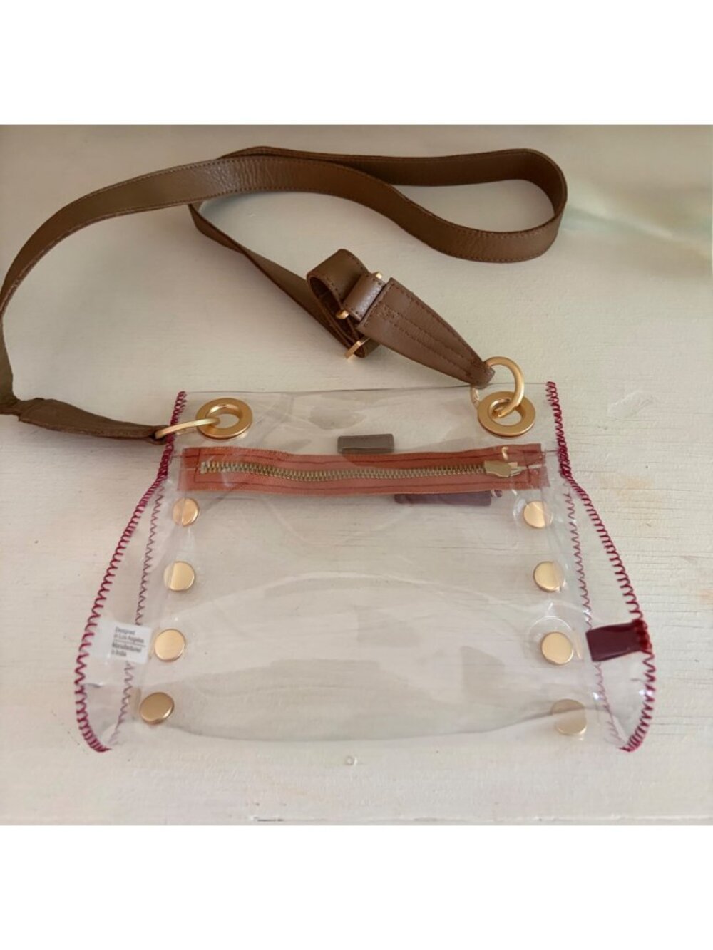 Hammitt Los Angeles Tony Clear & Red with Gold Studded Crossbody Bag Brown Strap - Picture 11 of 12